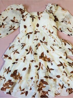 Girls White Floral Tiered Dress with Brown Leaf Print